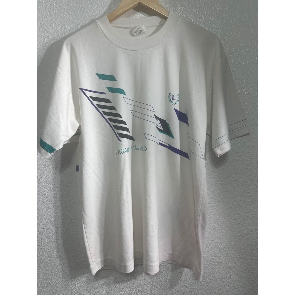 Vintage Lagamu Casuals 90s Geometric Graphic T-Shirt White Teal Purple Size 42